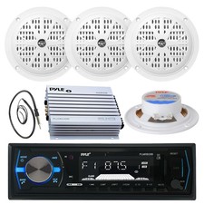 400W Marine Amplifier, 4" White Speakers, Antenna, Pyle AUX AM FM USB Receiver
