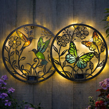 Large Solar Garden Ornament Warm LED Backlit Wall Art Hanging Metal Decor Disc