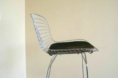Chromed Wire Harry Bar Stool Set of 2 Mid-Century Modern 28" Seat Hgt Black Pad - Picture 5 of 6