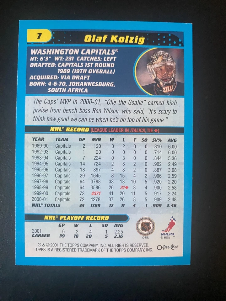 Olaf KOLZIG 2001-02 O-Pee-Chee #7 Washington Capitals - Image 2 of 2