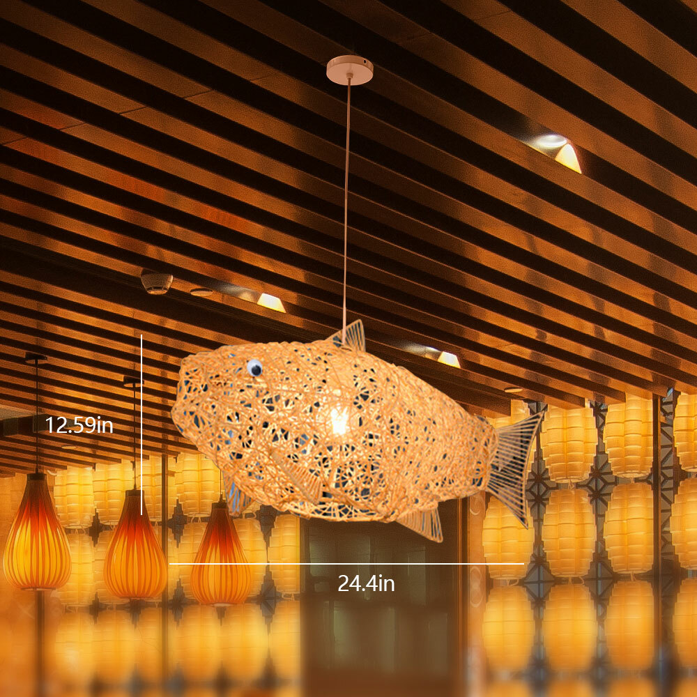 Rattan Chandelier Fish Shape Lantern Chandelier Fixture Hanging Ceiling Lamp