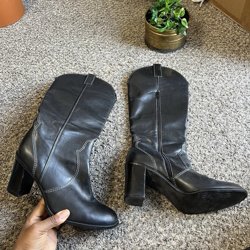 Bota Franco Sarto Mujer Talla 10 Alta Cuero Negro Western Tacón Bloque Montar De Colección Foto 2 de 4