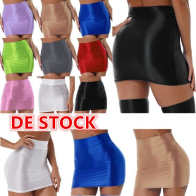 DE Damen Glänzend Bodycon Rock Öl Glanz Minirock Stretch Nylon Bleistiftrock