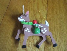 Wood Reindeer Christmas Ornament Cute 3D Look Gold Antlers chipped FREE SHIP