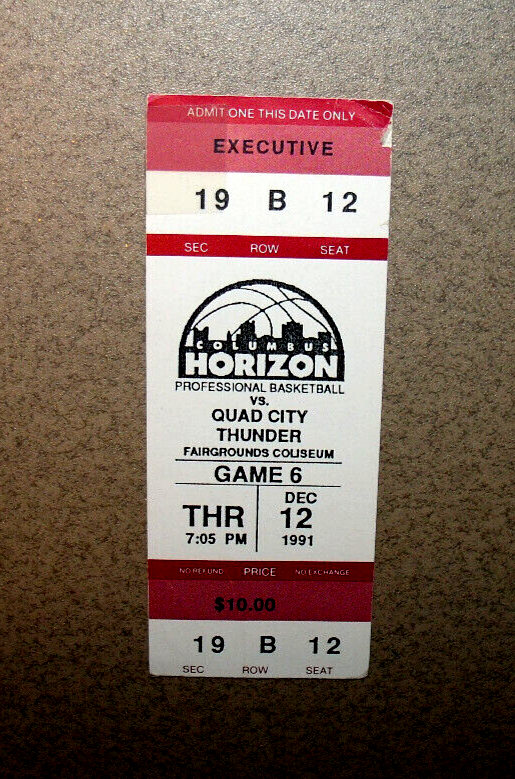 Columbus Horizon 12/12/1991 CBA Minor Basketball Ticket Stub vs Quad