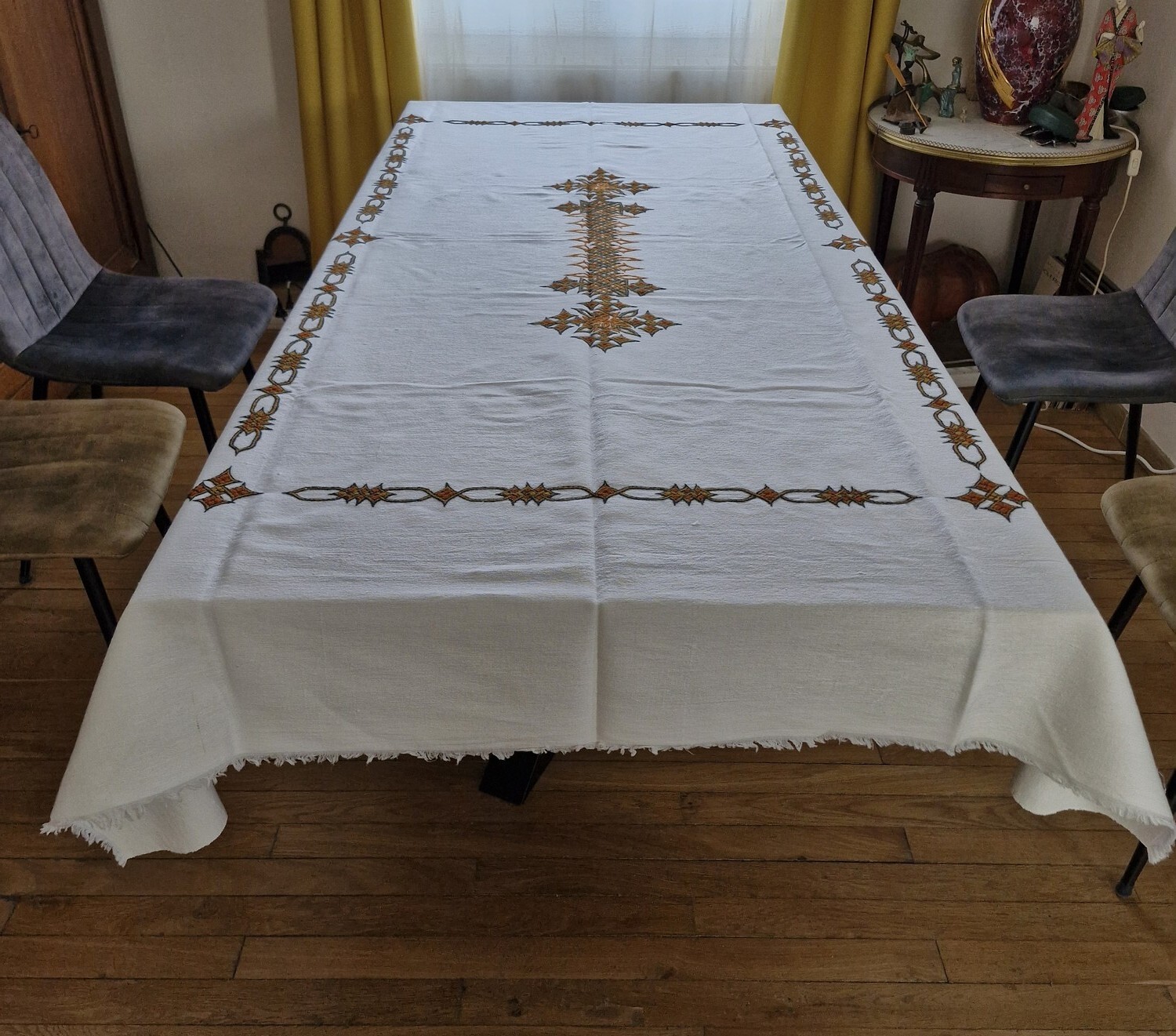 Nappe rectangulaire en coton éthiopien rare avec ses 12 serviettes tissées main