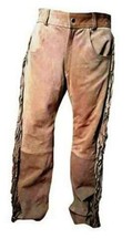 Mens New Beige Buckskin Suede Leather Western Hippy Fringes Pants WP-204