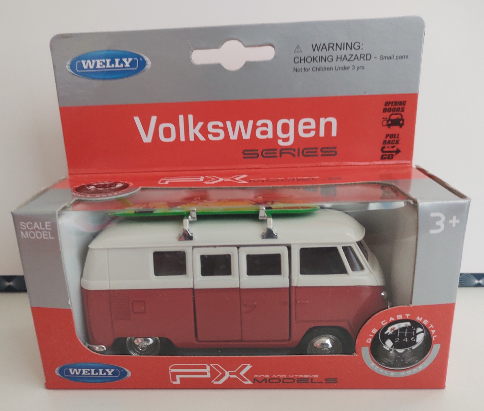 Welly - 1963 VW VOLKSWAGEN T1 BUS (Red, White + Surfboard) - Model Scale 1/39
