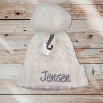 JUST4BABYS Embroidered personalised / Plain ribbed fur pom Baby Girls Boys Hat 0-3 3-6