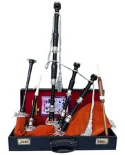 Great Highland Bagpipe Black Finish Silver Mounts Orange Velvet Cover Tutor Book