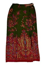 Ralph Lauren Wrap Maxi Skirt Leather Accent Vintage Green Red Wrap Front