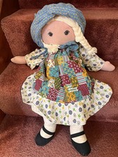 Vintage 1970s Holly Hobbie Rag Doll Blonde Braids Patchwork Dress Bonnet