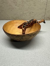 Beautiful Hand Carved Wooden Bowl w/Giraffe Drinking Handle