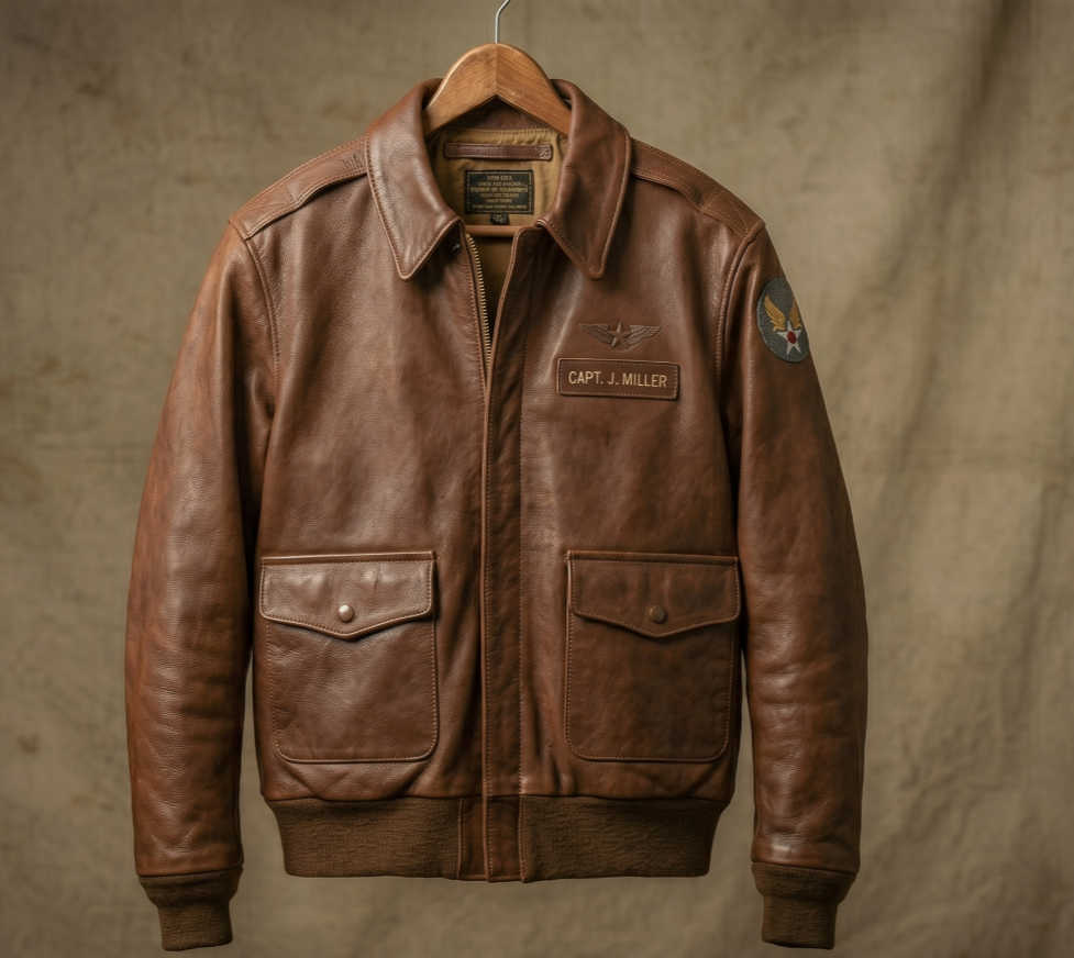 WW2 A2 Brown Leather Bomber Jacket Last Mission Squadron Flight
