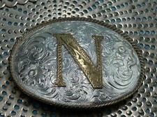 Silver Plate INITIAL N Western Belt Cowboy Buckle Hand Engraved
