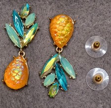 Betsy Johnson Pineapple Earrings, Mismatched Iridescent, Pool Party, Pierced