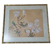 Vintage Framed Oriental Lithograph Asian on Silk Paper, A little Blue Bird