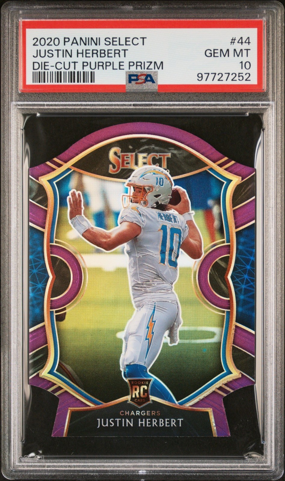 2020 Panini Select Justin Herbert RC Purple Prizm Die Cut Concourse #44 PSA 10