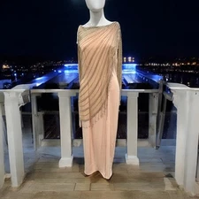 Bob Mackie Beaded Gown Fringe Hem Shawl Peach VTG 80s Long Sleeve Shear DS51