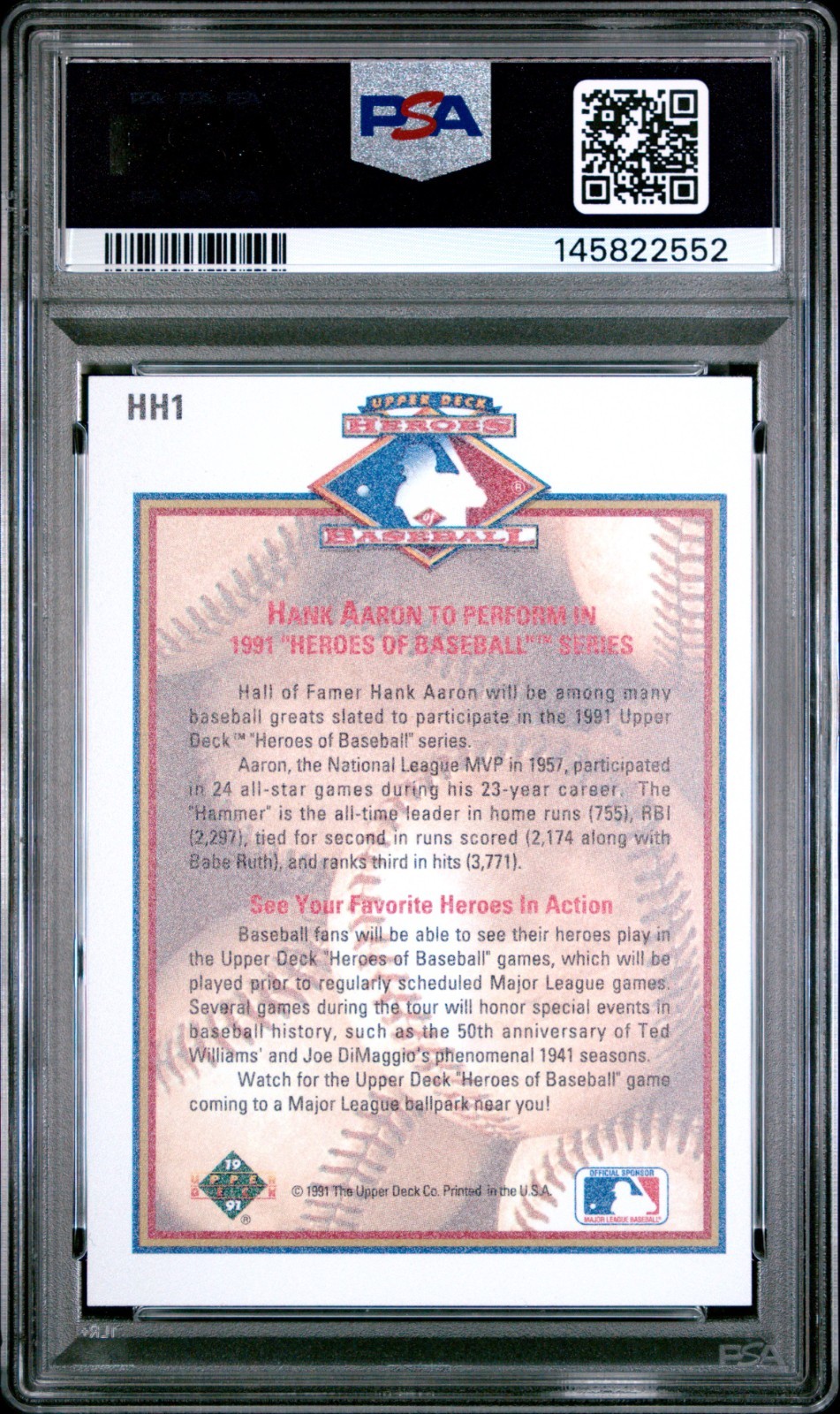 Hank Aaron 1991 Upper Deck Hologram PSA NM-MT 8 L@@K view 2