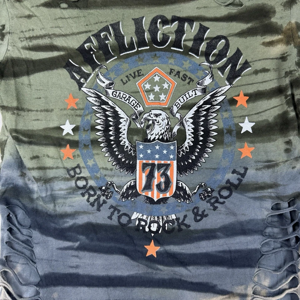 Camiseta Affliction Mujer Pequeña Punk Grunge Thrash Militar Rayas Destruida Foto 3 de 4