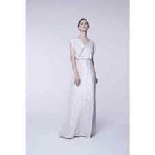 JY Jenny yoo Soho Metallic Blouson V Neck Gown Silver Women's Size 6 New w/ Tag!