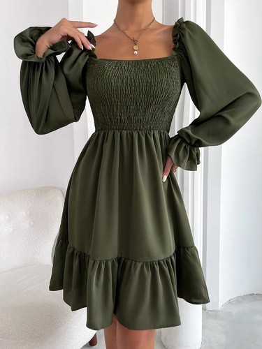 Hot selling new minimalist square neckline dress with ruffled hem and hem - Picture 2 of 29