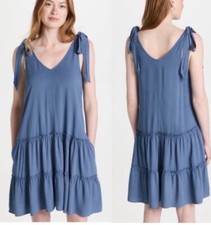 Splendid Women's Sz S Blue Tie-Strap V-Neck Tiered Shift Sun Dress With Pockets