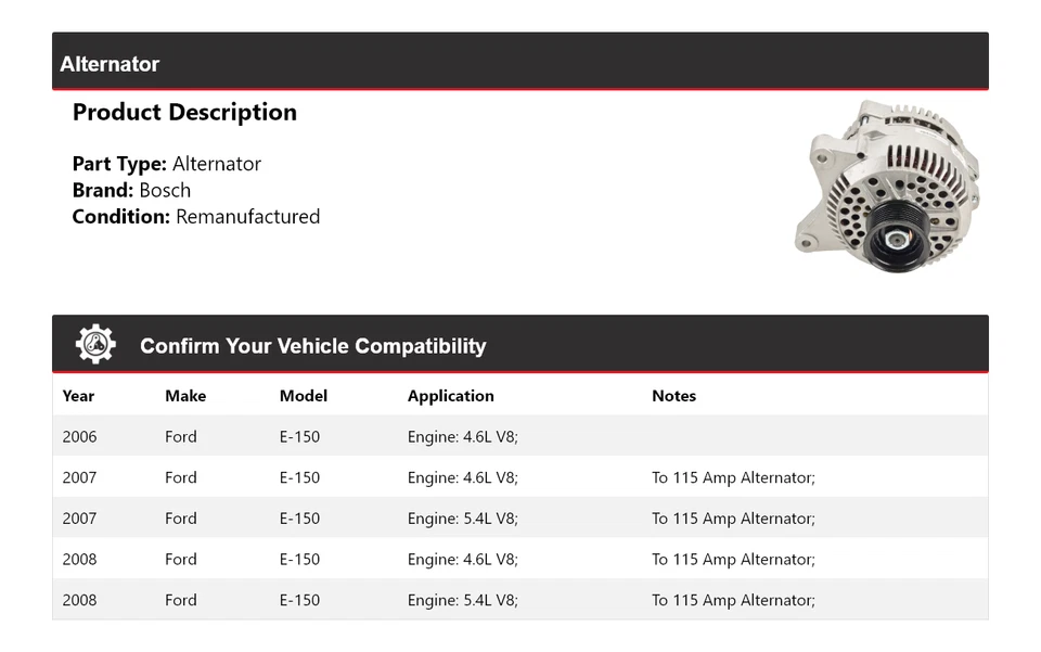 Alternador Bosch para Ford E-150 2006-2008 (remanufacturado) 2007 Foto 2 de 4