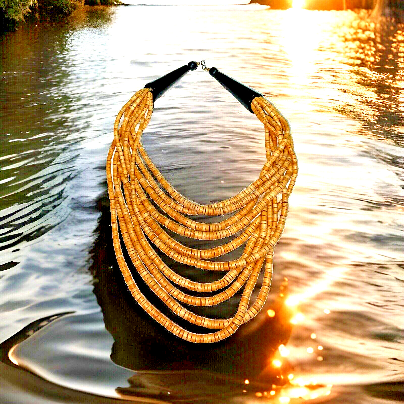 Multi Strand 10 Coconut Shell Beaded Statement Ne… - image 1