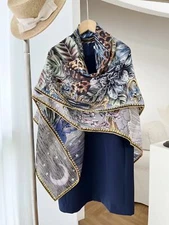 New Spring Boutique Double-Sided Silk & Wool Shawl Large Scarf Wrap Printed 53.