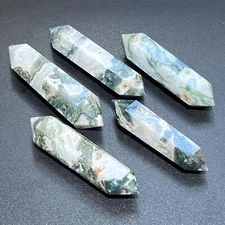 Moss Agate Crystal Double Terminated Point Gemstone Wand Carving Home Decor