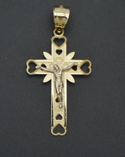 Real 10k Two Tone Solid Gold Shiny Jesus Cross Pendant 35.2mm 1.4gr - Picture 2 of 5