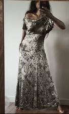 PER UNA PRINT BRONZE & BLACK SILKY LONG SATIN  MAXI FIT & FLARE DRESS SIZE: UK12