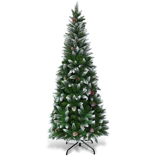 5ft Snow Flocked Unlit Artificial Pencil Christmas Tree Hinged w/ Pine Cones