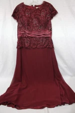ASPEED Burgundy Chiffon Dress W/Beaded Bust & Ribbon Waist Tie Womens Size L-B46