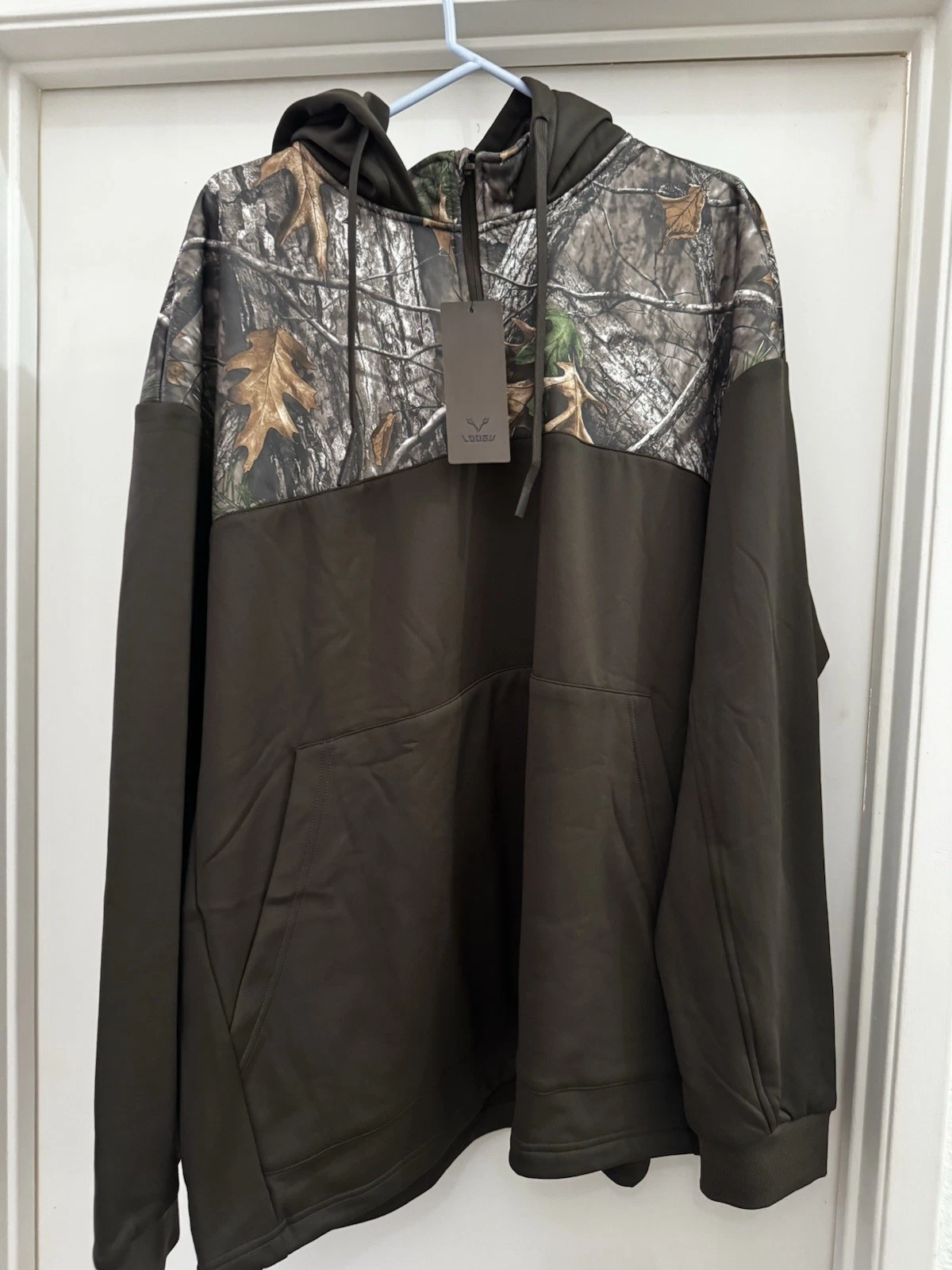 Men's Pullover Hoodie In Olive with Camo Yoke. Durable Fabric with A Soft Touch