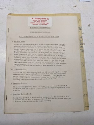KALAMATIC HYDRAULIC BAND SAW BAR FEED OPERATOR INSTRUCTION MANUAL PART LIST