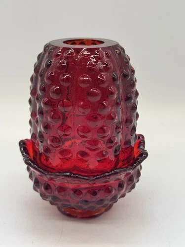 Vintage Fenton Ruby Red Hobnail Glass Fairy Lamp, UV Reactive, Glows *READ*