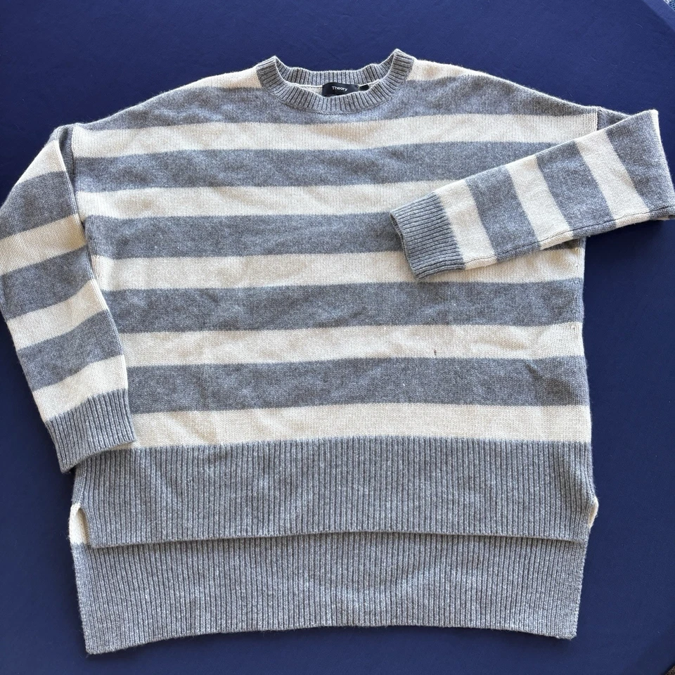 Theory 100% Cashmere Striped Sweater Womens Small Gray Ivory Karenia ST Flawed - Image 2 of 4