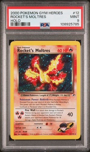 💎NEW CERT PSA 9 MINT Rocket's Moltres Gym Heroes Pokemon Card WOTC 12/132
