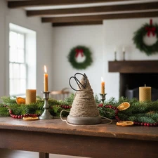 Primitive Reproduction Wood Spindle w/ Twine Scissors Farmhouse Country