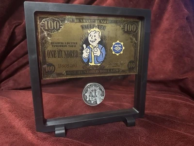 Rare Fallout Pip-Boy $100 Bill + Vault-Tec Coin | 3D Floating Display