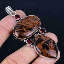 Elegant Mahogany Obsidian, Garnet 925 Sterling Silver Jewelry Pendant 2.91"