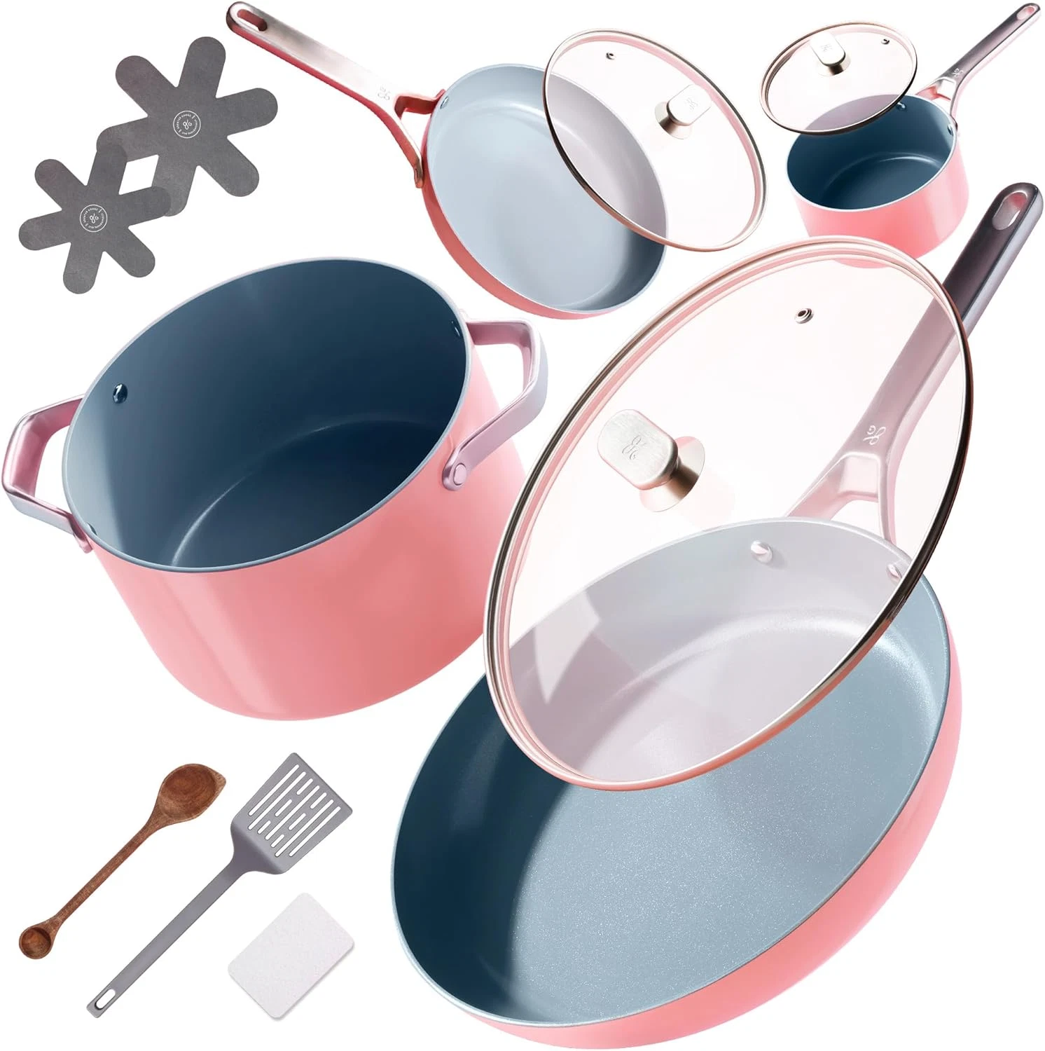 Coral Pink Non-Toxic Ceramic Cookware Set - 12 Piece Nonstick Pots & Pans