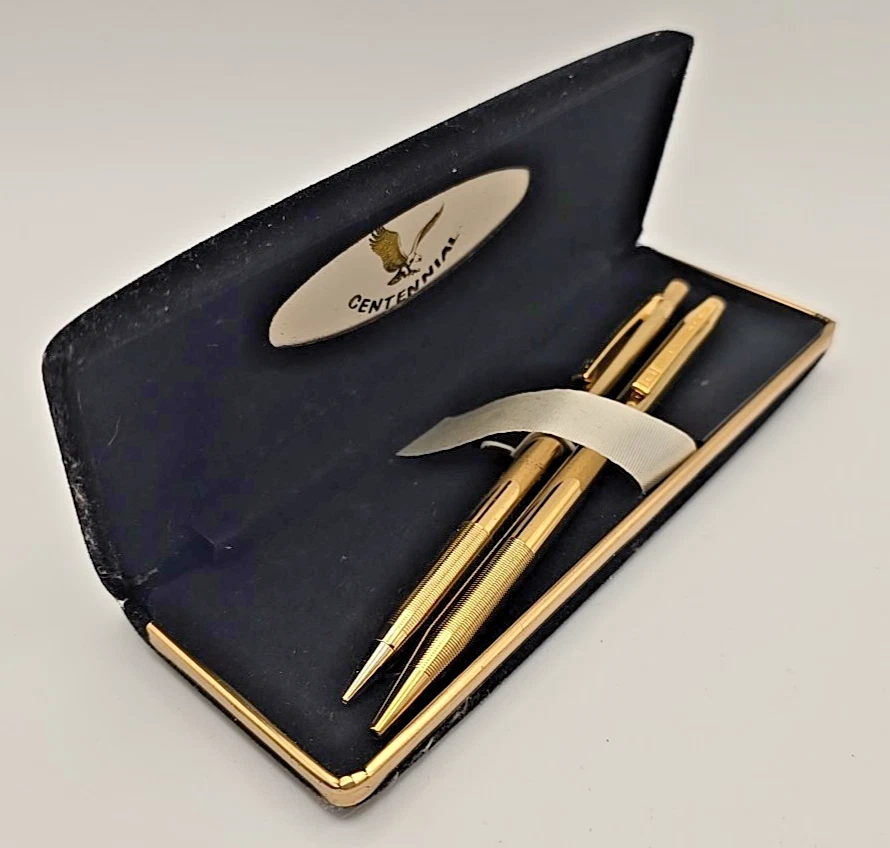 Juego de lápices bolígrafos mecánicos centenarios tono dorado caja original vintage Foto 4 de 4