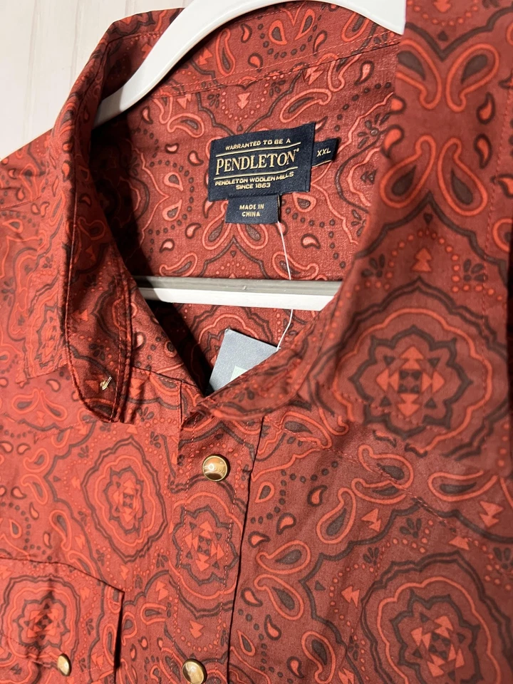 Camisa Pendleton Para Hombres 2XL Bandana Roja Perla Occidental Algodón a Presión Rodeo Vaquero Nueva Foto 4 de 4
