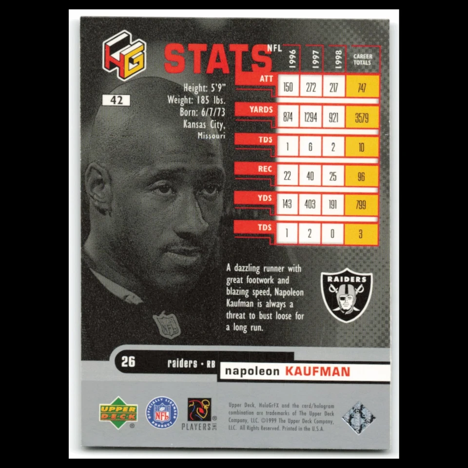 Napoleon Kaufman #42 1999 HoloGrFX Oakland Raiders Football Card NFL NM - Image 2 of 3