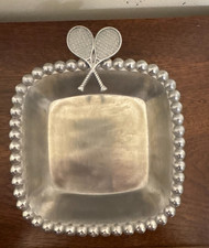 Vintage Mud Pie Beaded Tennis Racket Square Candy/Nut Dish Sand Cast Aluminum