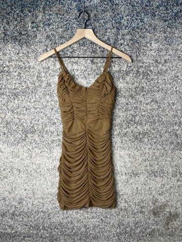 H:ours Brown Mesh Ruched Mini Slip Dress Small Bodycon Slinky Estelle